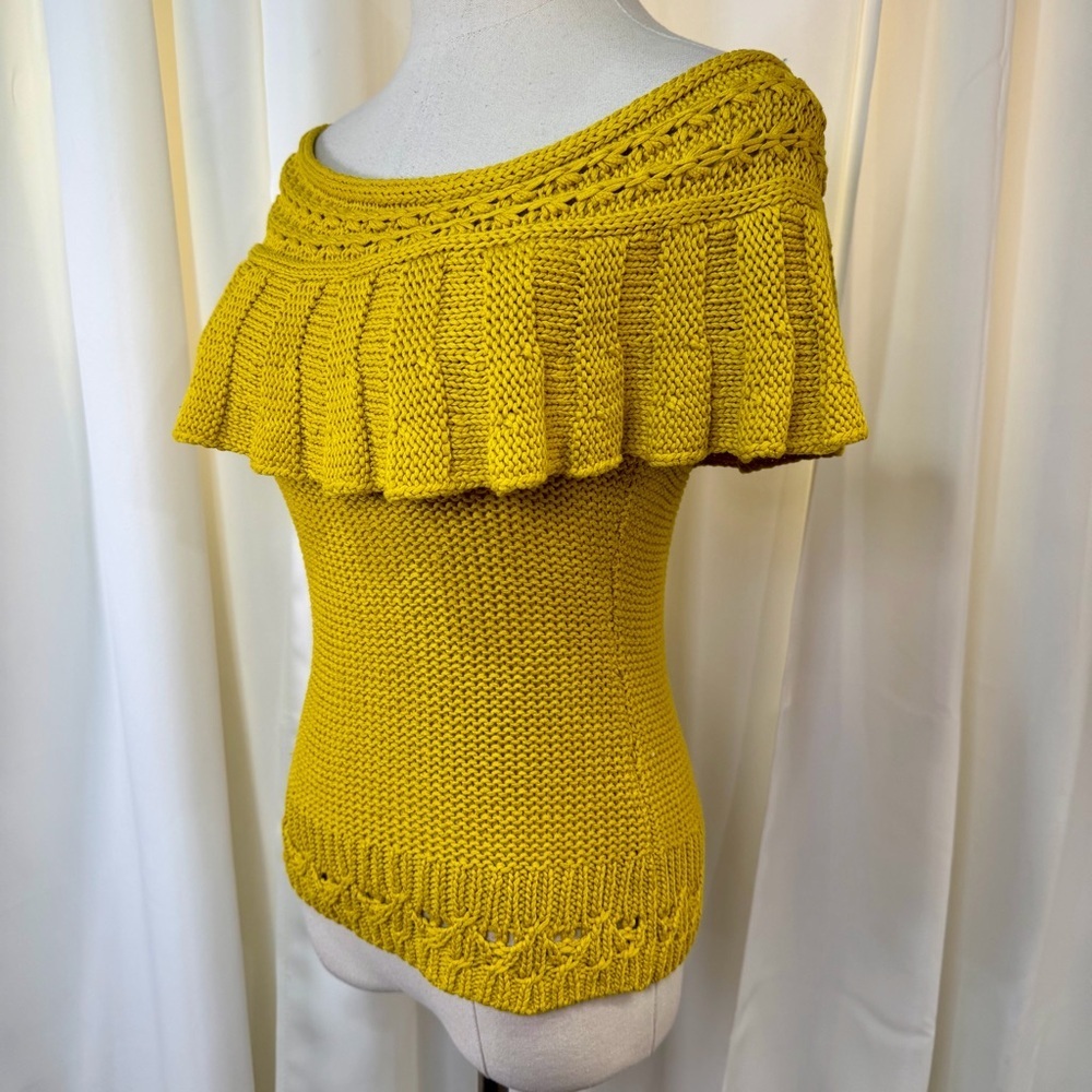 Anthropologie Mustard Yellow Ruffled Off-The-Shoulder Crocheted Sweater Size XS - Picture 6 of 16